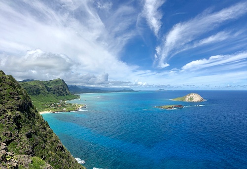 The beautiful eastern coast line of Oahu Island, from the watching point of Makapuu Point, Hawaii, USA