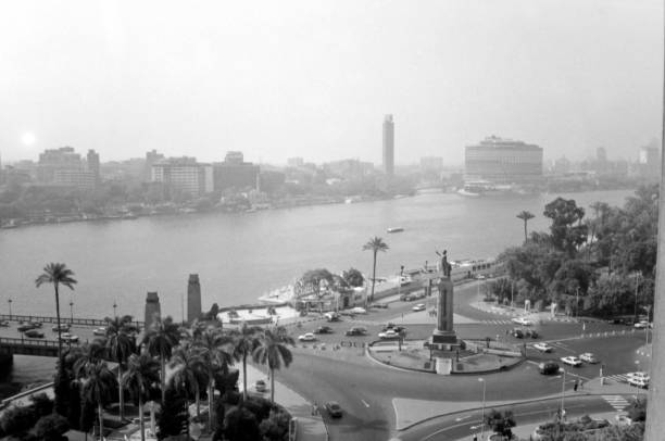 The eighties. Early morning panoramic view to the Nile . Cairo, Egypt 1989. stock photo