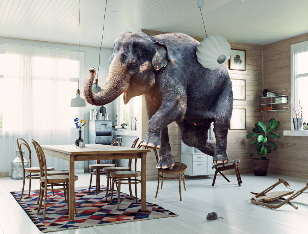 the elephant and the mouse Frightened elephant runs from mouse to table. Photo and media mixed creative illustration mouse animal photos stock pictures, royalty-free photos & images