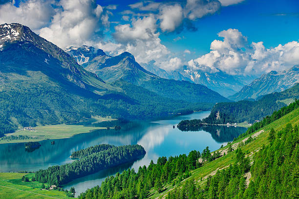 The Engadine Valley in Switzerland with its lakes stock photo