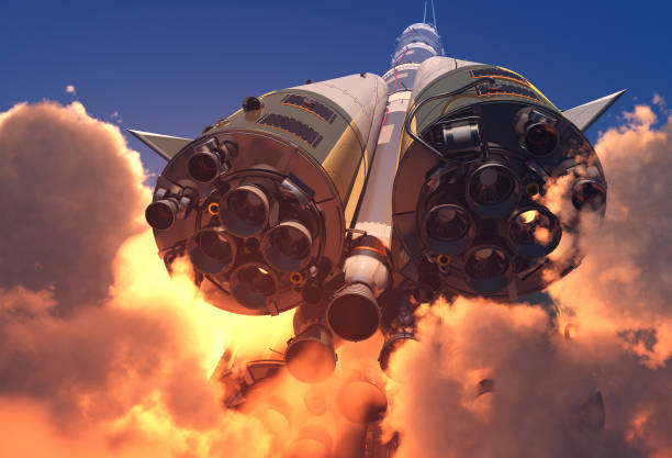 The engine of the rocket. The launch against the sky.,3d render baikonur stock pictures, royalty-free photos & images