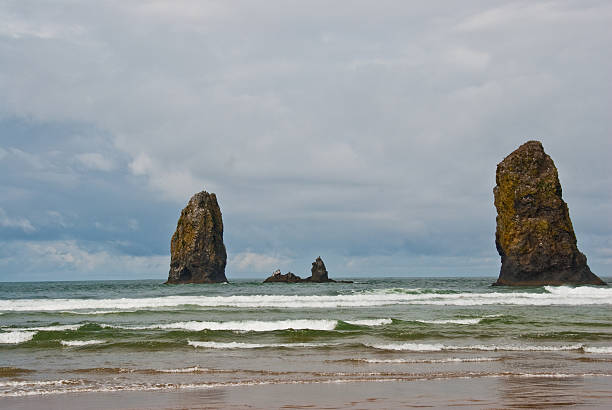 Rock Pinnacles in the Surf The famous Haystack Rock and nearby Needles are basalt monoliths formed some 15-16 million years ago by lava flows emanating from the Blue Mountains and Columbia Basin. Haystack Rock is also one of the most identifiable rock formations on the Pacific Coast. Haystack Rock and the Needles are in Cannon Beach, Oregon, USA. jeff goulden oregon coast stock pictures, royalty-free photos & images