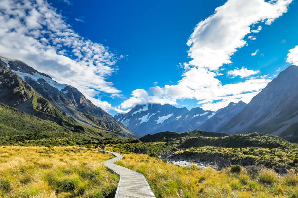 The famous landscape of Hooker Valley Track at Mt Cook National Park in New Zealand. New Zealand new zealand stock pictures, royalty-free photos & images