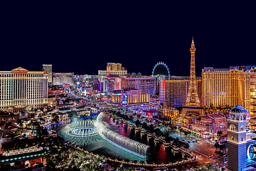 Las Vegas, USA - February 17, 2018 Panoramic view of Las Vegas strip at night in Nevada.