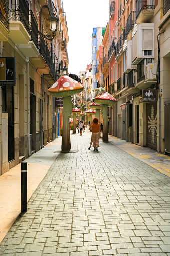 Alicante, Spain- June 26, 2022: The famous 'Mushroom street' in Alicante city in summer