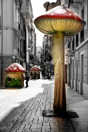 Alicante, Spain- June 26, 2022: The famous 'Mushroom street' in Alicante city in summer