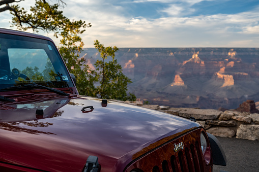 Grand Canyon NP, AZ, USA - Oct 7, 2020: A Jeep Wrangler Unlimited Sports parked along the preserve park