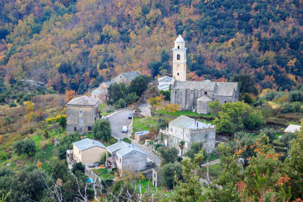 The Figarella Village on the Corsica Island in autumn stock photo