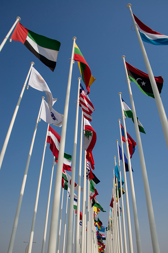 Flags of the EXPO2020 participants with the host nation flag up in the left