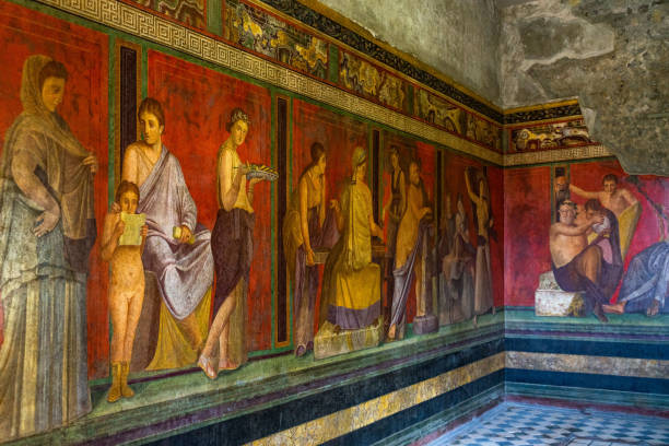 gli affreschi di villa dei misteri, antica villa romana a pompei antica città, italia - pompei foto e immagini stock