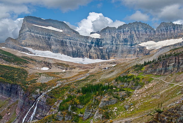 Grinnell Falls and Garden Wall The Garden Wall is a steep alpine arete or rock spine that runs along the Continental Divide. During the summer months the meadows below the wall are heavily carpeted with many species of flowering plants and shrubs, thus giving the wall its name. This picture was taken just below Upper Grinnell Lake in Glacier National Park, Montana, USA. jeff goulden glacier national park stock pictures, royalty-free photos & images