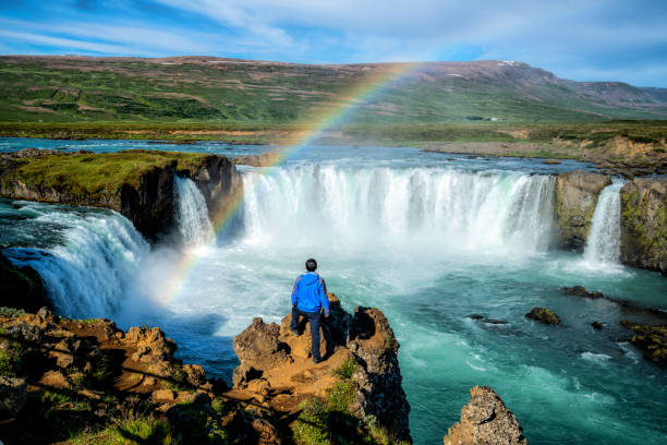 The Godafoss (Icelandic: waterfall of the gods) is a famous waterfall in Iceland. The breathtaking landscape of Godafoss waterfall attracts tourist to visit the Northeastern Region of Iceland.  dettifoss waterfall stock pictures, royalty-free photos & images