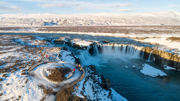 The Godafoss is a waterfall in Iceland. Aerial view and top view.  dettifoss waterfall stock pictures, royalty-free photos & images