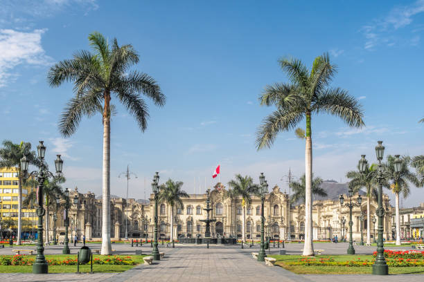 The Government Palace of Peru at Plaza Mayor in Lima city. stock photo