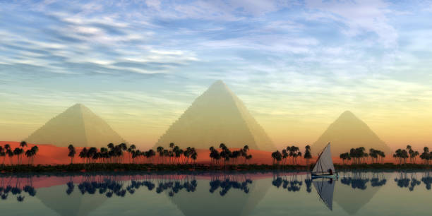 The Great Pyramids and Nile River The Great Pyramids stand majestically over the Nile River running through the land of Egypt. nile river stock pictures, royalty-free photos & images