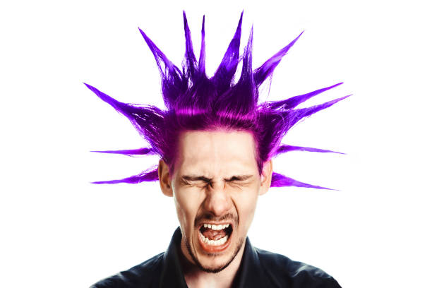 the guy with the purple hair screams stock photo