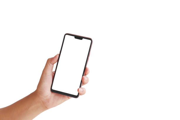de hand houdt het witte scherm vast, de mobiele telefoon is geïsoleerd op een witte achtergrond met het uitknippad. - vasthouden stockfoto's en -beelden