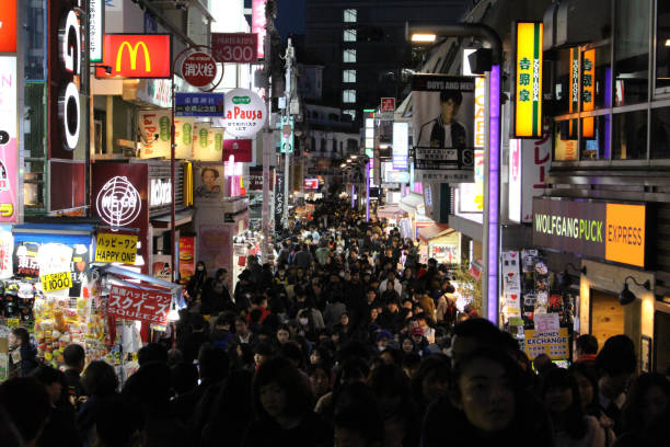 The happening and crowded Takeshita street of Harajuku in Shibuya The happening and crowded Takeshita street of Harajuku in Shibuya. This place is always full of people. Taken in Tokyo, February 2018"n mcdonalds japan stock pictures, royalty-free photos & images