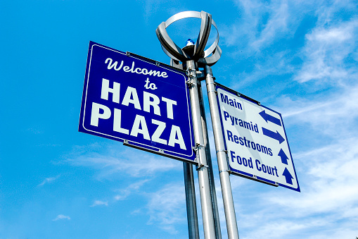Detroit, MI, USA - July 16, 2006: Welcome to Hart Plaza signpost in Detroit MI