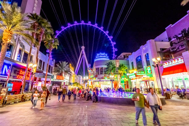 The High Roller Ferris Wheel at The Linq Hotel and Casino at night - Las Vegas, Nevada, USA stock photo