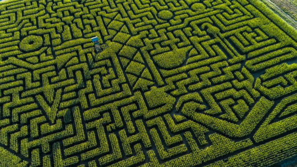The huge Halloween's Corn Maze in Pennsylvania, Poconos Region The aerial view to the huge Halloween's Corn Maze in Pennsylvania, Poconos Region, at sunset maze photos stock pictures, royalty-free photos & images