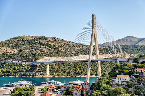 Dubrovnik, Croatia - July 17, 2022: The iconic suspension bridge in Dubrovnik Croatia