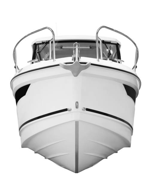 The image of white luxury motor boat, luxury motor boat front view isolated on white The image of white luxury motor boat, luxury motor boat front view isolated on white fishing industry photos stock pictures, royalty-free photos & images