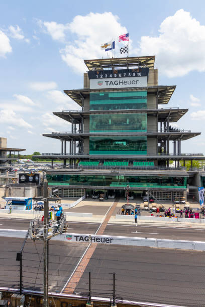 the ims yard of bricks, start finish line, and pagoda at indianapolis motor speedway. ims is home of the indy 500 and brickyard 400. - indy 500 bildbanksfoton och bilder