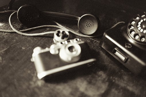 Telephone, old, analog, dark, memories, waiting, camera, wood, table,