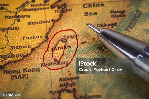 istock The island of Taiwan is marked with a red pen on the map. 1357024269