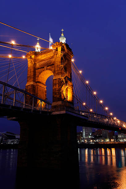 The John A. Roebling Suspension Bridge in Cincinnati. stock photo