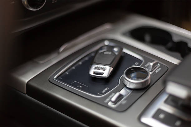 The key to Audi lies in the car on the touch panel control. Salon premium car with keyless access. Moscow, Russia - December 05, 2018: The key to Audi lies in the car on the touch panel control. Salon premium car with keyless access. audi photos stock pictures, royalty-free photos & images
