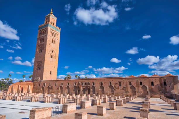 The Koutoubia Mosque, Marrakesh (HDRi) the minaret of the Kutubiyya Mosque - the largest mosque in Marrakesh, Morocco koutoubia mosque stock pictures, royalty-free photos & images