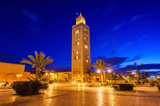 The Koutoubia Mosque The Koutoubia Mosque or Kutubiyya Mosque at night, it is the largest mosque in Marrakesh, Morocco. koutoubia mosque stock pictures, royalty-free photos & images