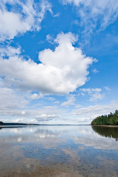 Clouds Reflected in Puget Sound The landscapes and seascapes of Puget Sound are a constant source of inspiration for photographers. This picture of a tranquil Carr Inlet reflecting the clouds and blue sky was photographed from Penrose Point State Park near Lakebay, Washington State, USA. jeff goulden puget sound stock pictures, royalty-free photos & images