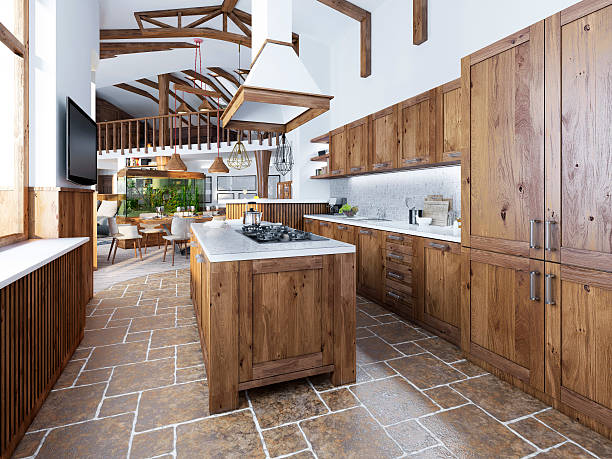 The large kitchen in the loft style with an island stock photo