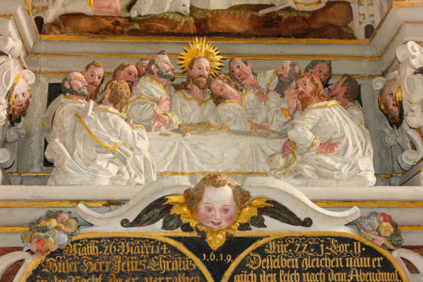 The last supper of Jesus with the disciples - figures on a baroque village altar in Wurzbach, Thuringia stock photo