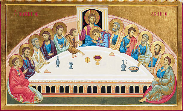 The Last Supper Rome, Italy: detail of the painting under the altar inside the Saints Peter and Paul's church at EUR. last supper stock pictures, royalty-free photos & images