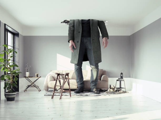 the man , breaking the ceiling the man figure, breaking the ceiling in the living room. Photo and media elements conbinated small stock pictures, royalty-free photos & images