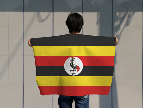 The man is holding Uganda flag on his shoulder and turn back on grey background.