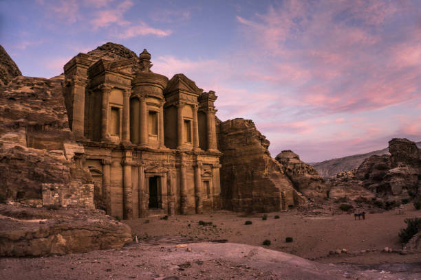 The monastery of Petra at the sunset stock photo