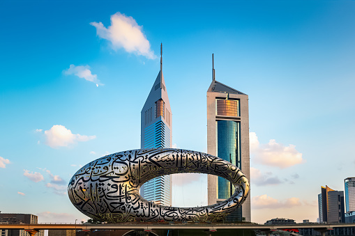 Dubai, United Arab Emirates - November 26, 2020: The Museum of The Future in Dubai at Sheikh Zayed Road in the evening. The iconic building of Dubai with Arabic poetry on its exterior.