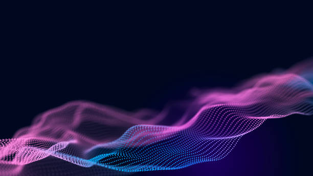 The musical stream of sounds. Abstract background with interweaving of colored dots and lines. 3d rendering. stock photo