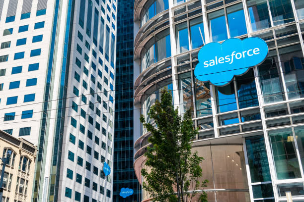 The new Salesforce corporate headquarters together with Salesforce East and West towers visible in the background stock photo