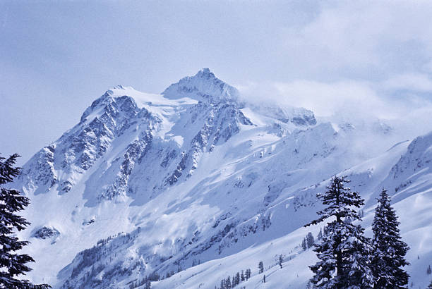 Mount Shuksan In the Winter The North Cascades is a vast wilderness of conifer-clad mountains, glaciers and lakes. It is one of the more remote wilderness areas in the Continental United States. Because of its striking beauty, Mount Shuksan in the North Cascades, is one of the most photographed mountains in the world. This picture of Mount Shuksan in the winter was taken from the Mount Baker Ski Area in the Mount Baker National Forest in Washington State, USA. jeff goulden north cascades national park stock pictures, royalty-free photos & images