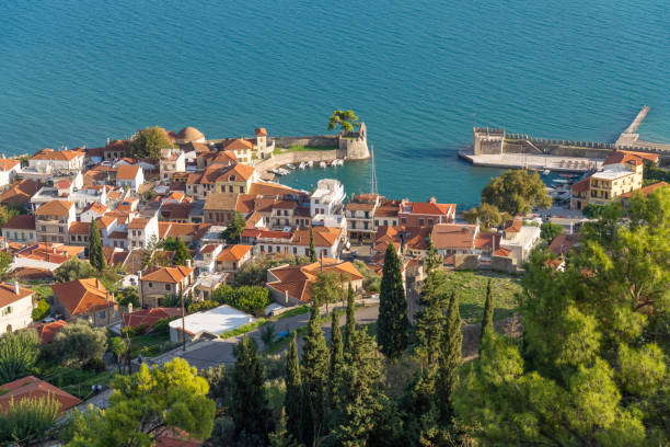 The old harbor of Nafpaktos, known as Lepanto during part of its history, Greece, On the north coast of the Gulf of Corinth. stock photo