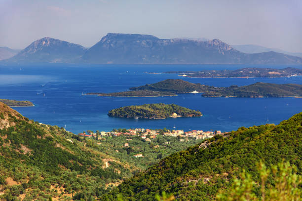The panoramic view to nidri and princes islands stock photo