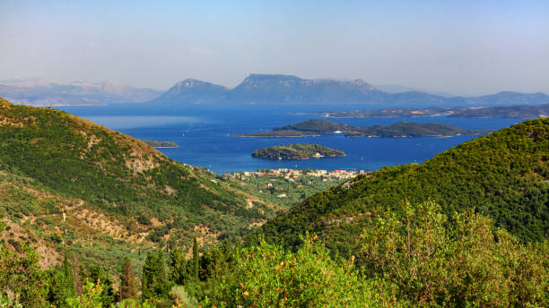 The panoramic view to nidri and princes islands stock photo