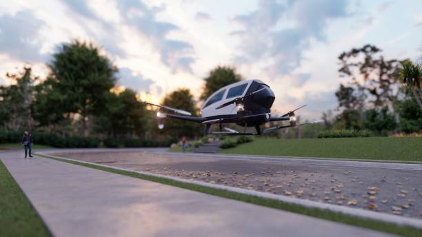The passenger air taxi takes off and departs to its destination. View of an unmanned aerial passenger vehicle. 3D Rendering. stock photo