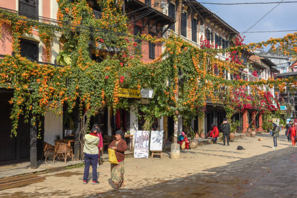 The pedestrian zone in the center of Bandipur village on Nepal stock photo